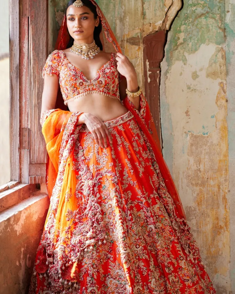 Juno Sunset Orange Raw Silk Bridal Lehenga Set