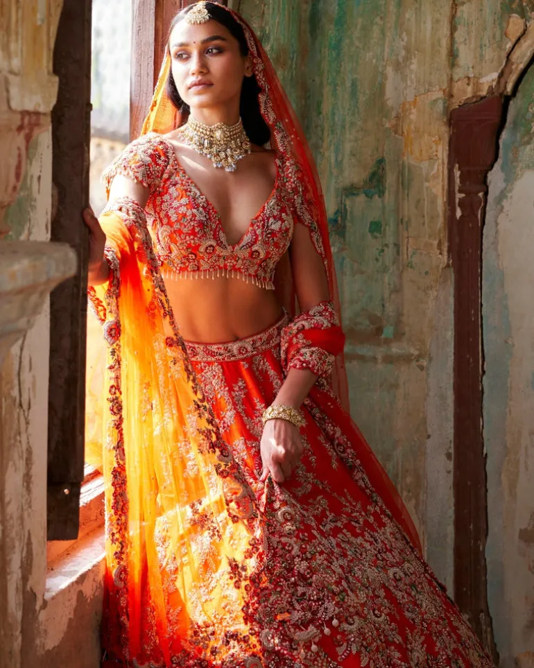 Juno Sunset Orange Raw Silk Bridal Lehenga Set