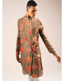 Khakhi Garden Of Eden Pleated Kurta Pyjama Set