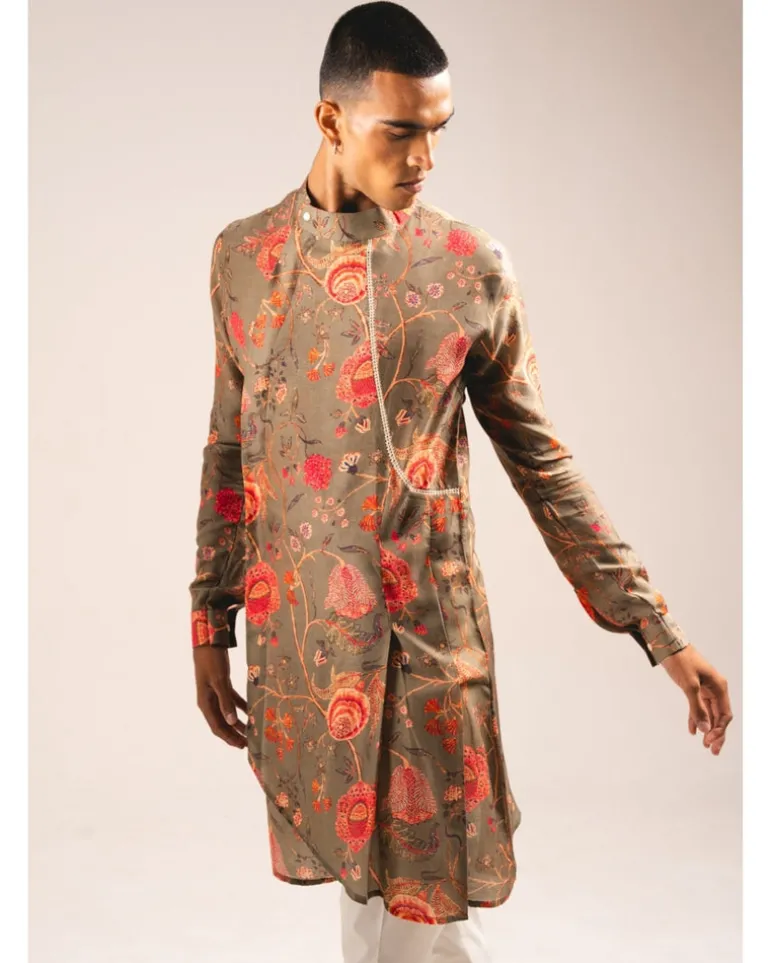 Khakhi Garden Of Eden Pleated Kurta Pyjama Set