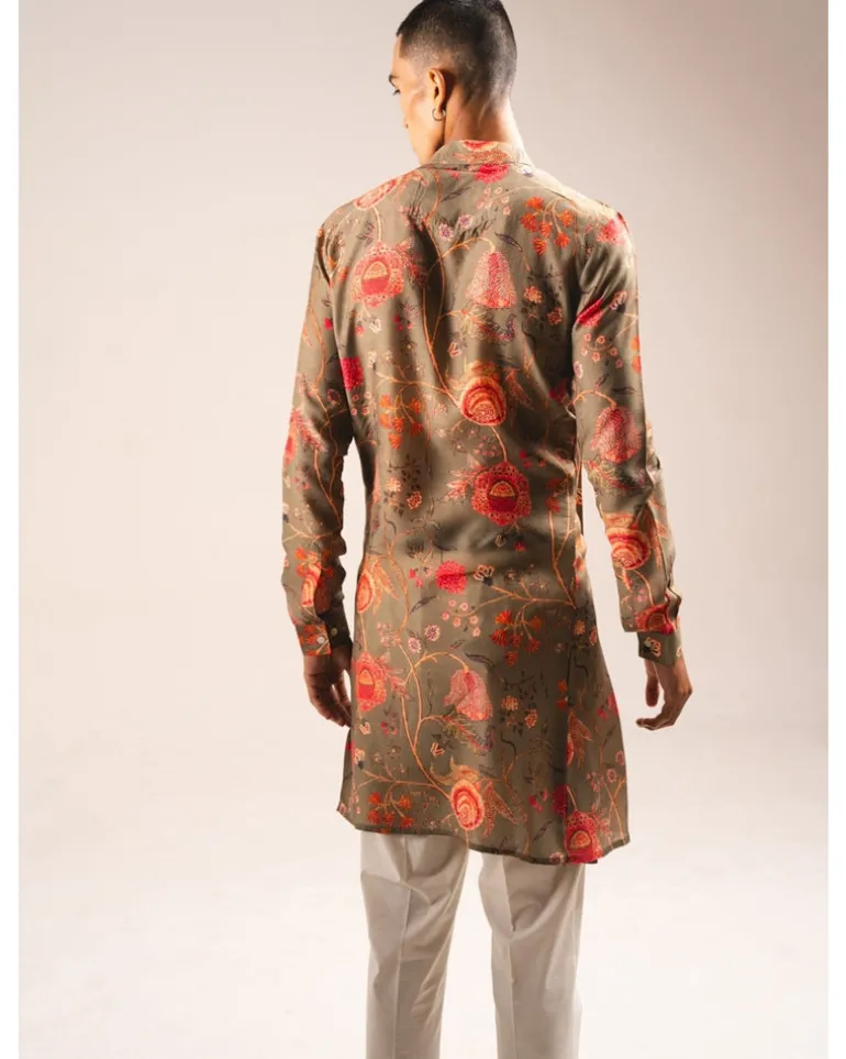 Khakhi Garden Of Eden Pleated Kurta Pyjama Set