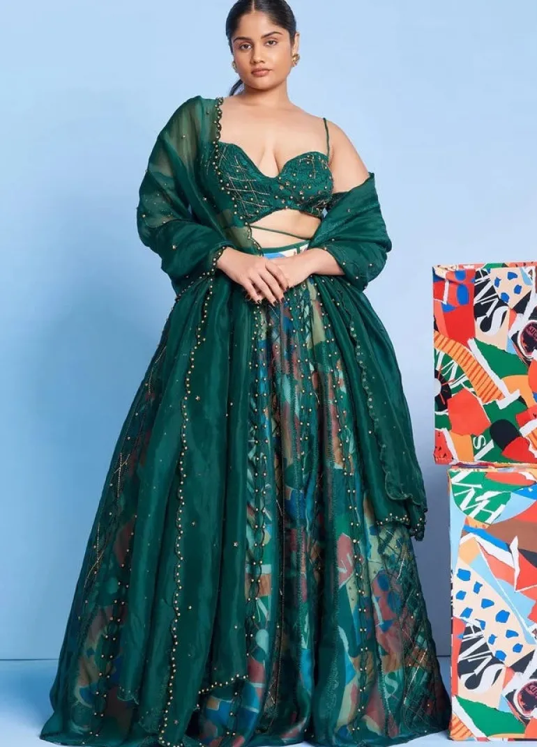 Legermash & Emerald Lattice Skein Lehenga Set