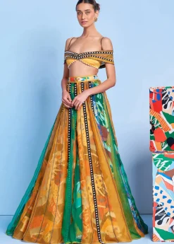 Legermash Panelled Lehenga with Rhinestone Off-Shoulder Blouse