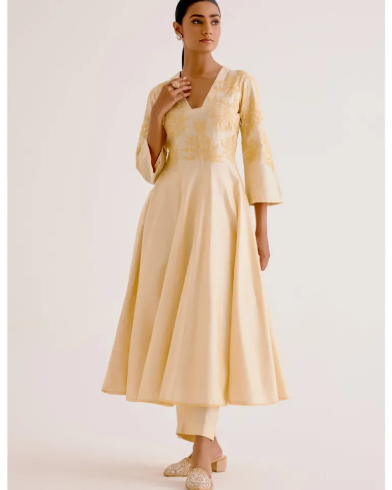 Lemon Yellow Cotton Silk Blend Hand-Painted Anarkali Set