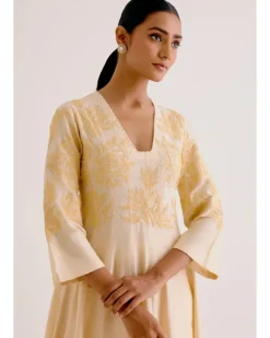 Lemon Yellow Cotton Silk Blend Hand-Painted Anarkali Set