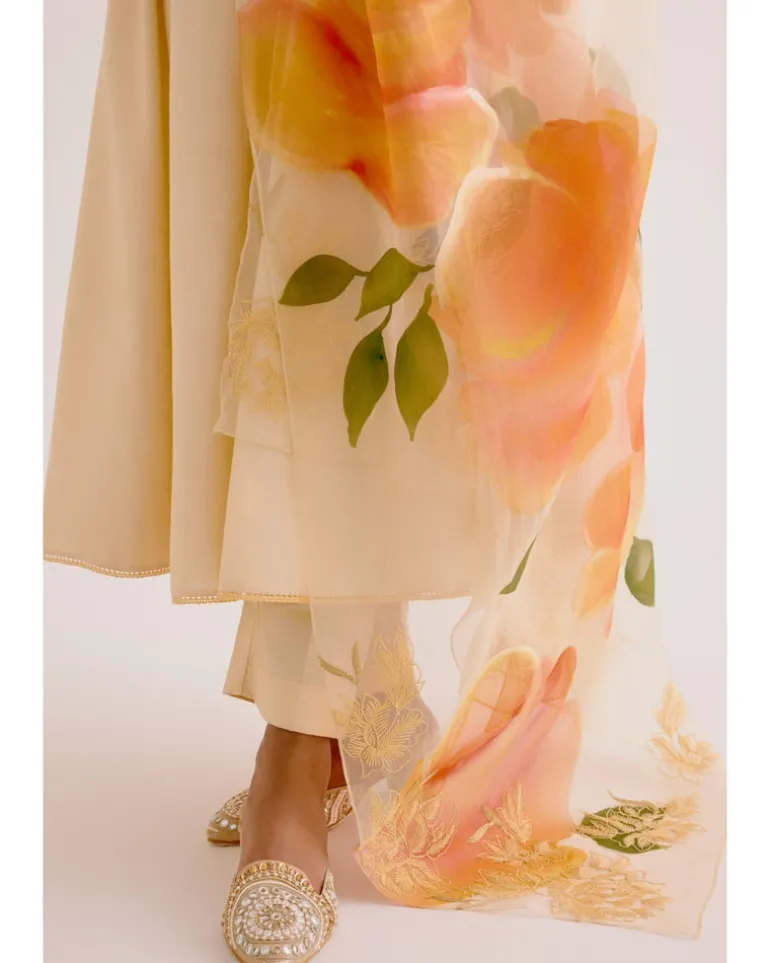 Lemon Yellow Cotton Silk Blend Hand-Painted Anarkali Set