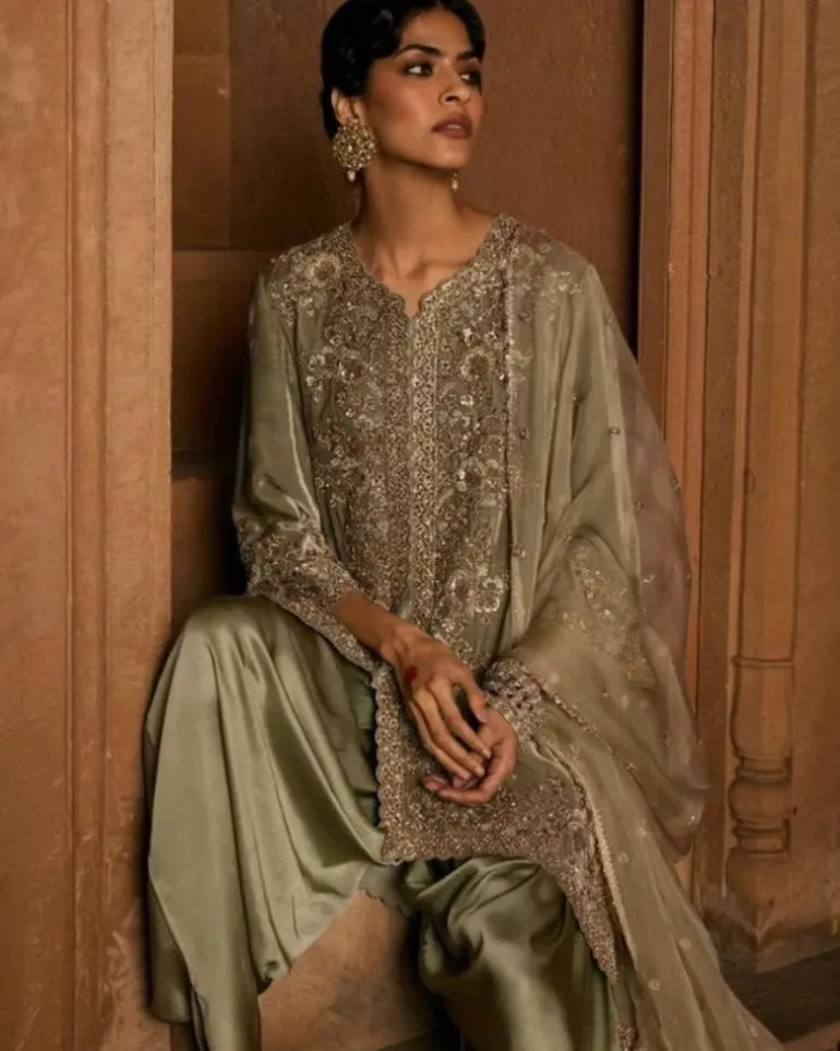 Light Green High-Low Velvet Kurta