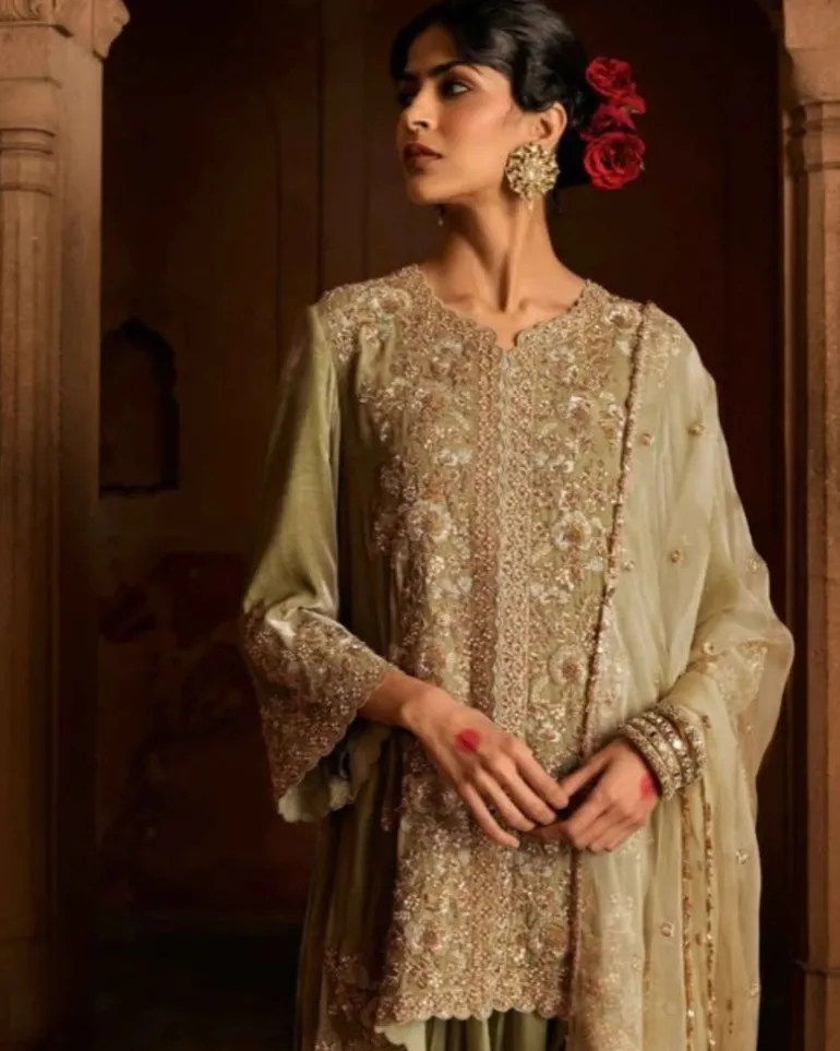 Light Green High-Low Velvet Kurta