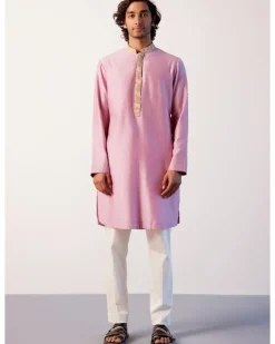 Lilac Silk Chanderi Embroidered Kurta Set