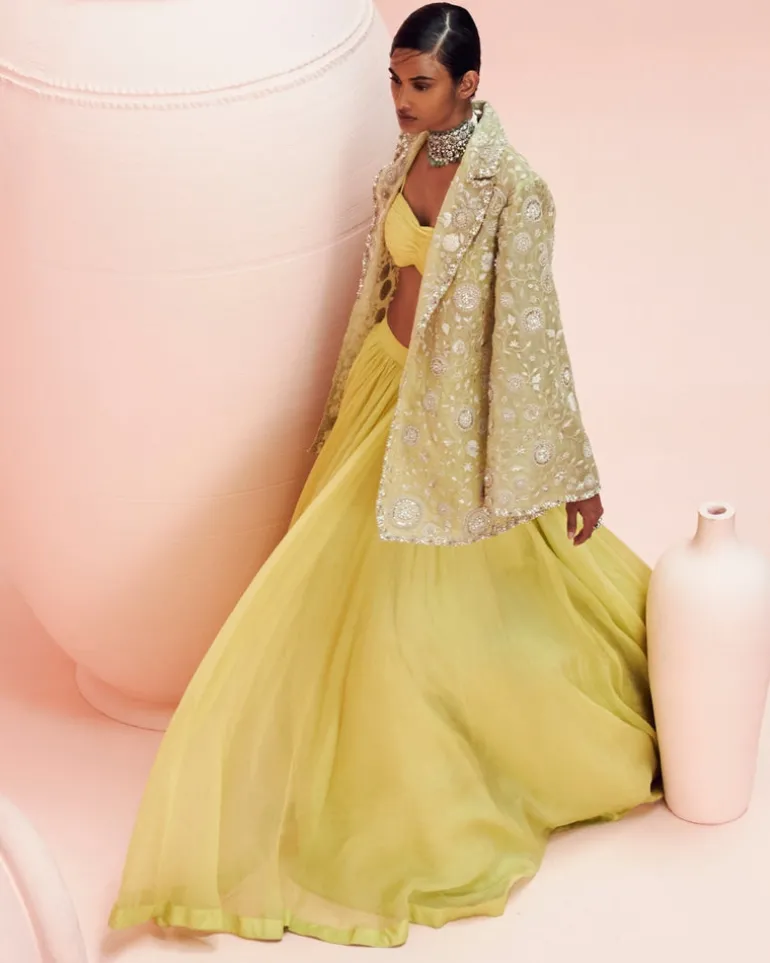Lime Green Lehenga And Embroidered Jacket Set