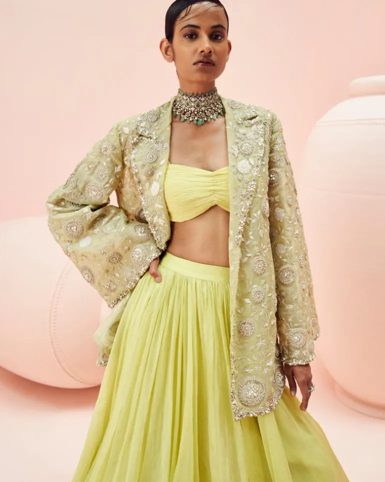 Lime Green Lehenga And Embroidered Jacket Set