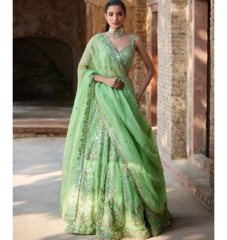 Lime Green Organza Lehenga Set