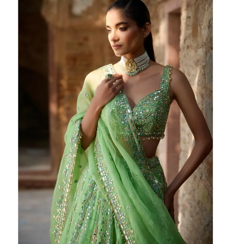 Lime Green Organza Lehenga Set
