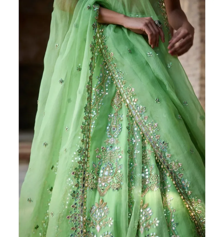 Lime Green Organza Lehenga Set