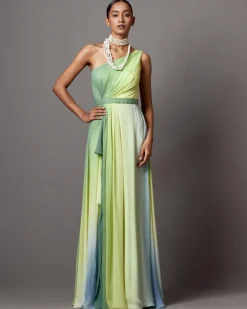 Lime Ombre Dusk One Shoulder Gown Set