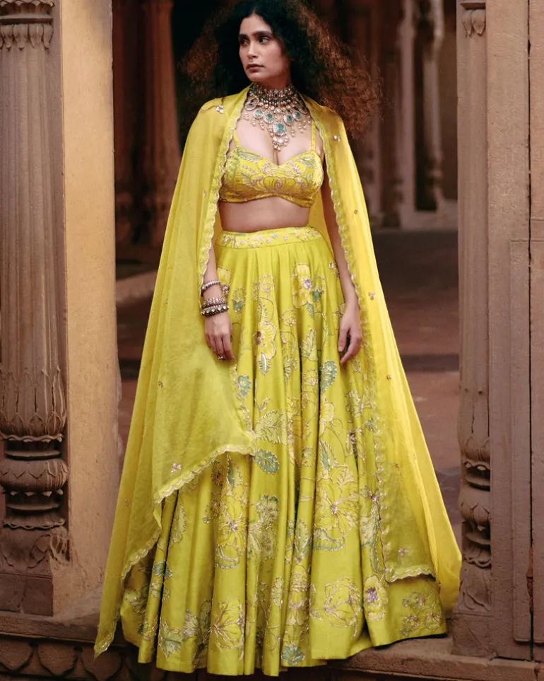 Lime Yellow Chintz Printed Lehenga Set