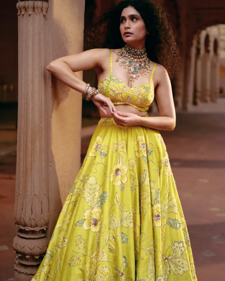 Lime Yellow Chintz Printed Lehenga Set