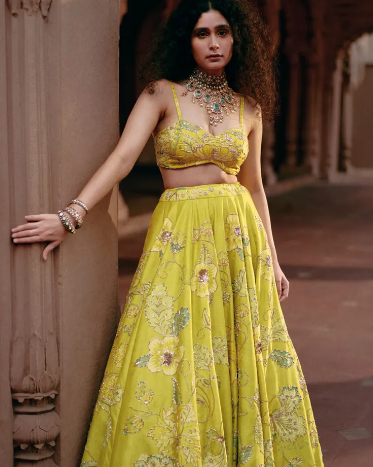 Lime Yellow Chintz Printed Lehenga Set
