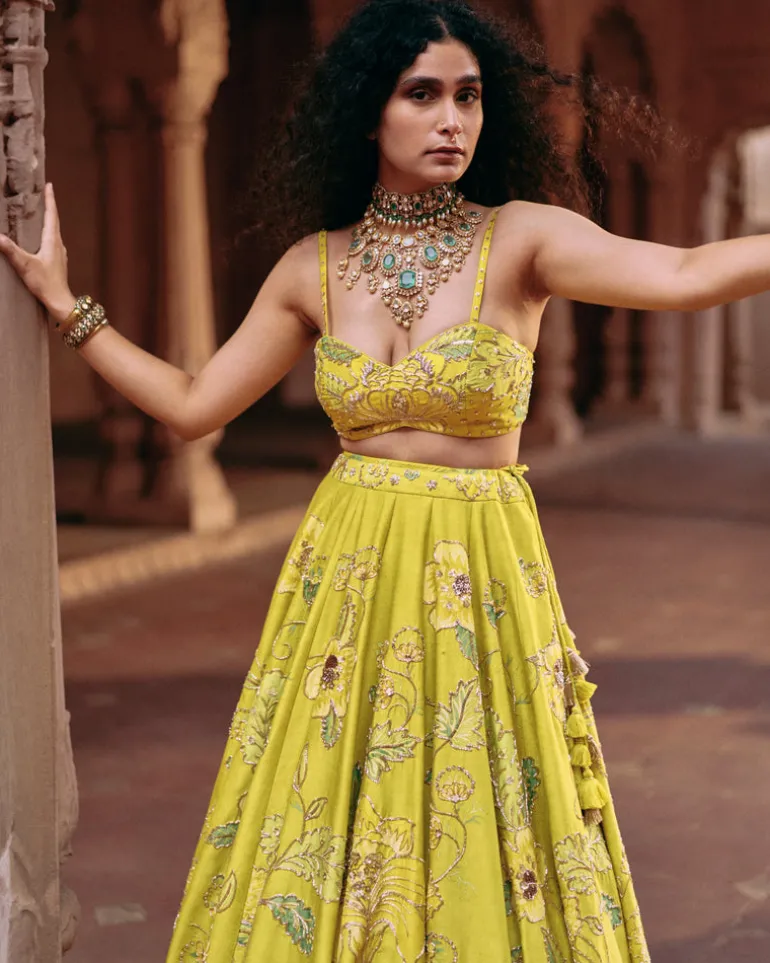 Lime Yellow Chintz Printed Lehenga Set