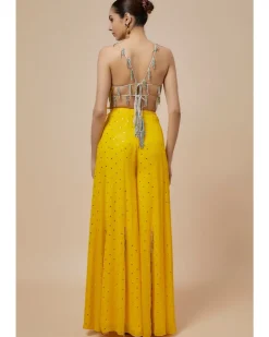 Lime Yellow Embroidered Back Tie-Up Choli And Sharara Set