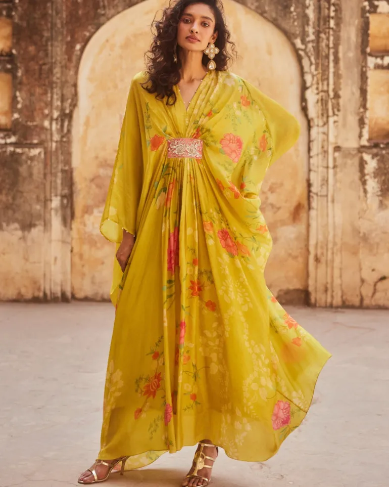 Lime Yellow Floral Habutai Kaftan