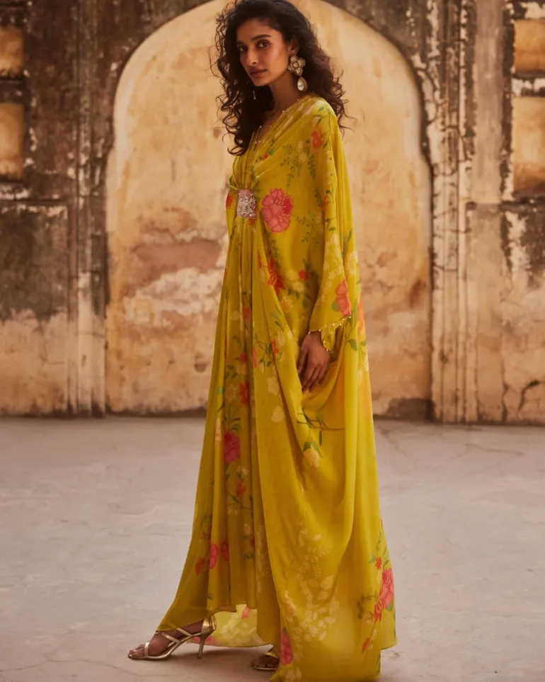 Lime Yellow Floral Habutai Kaftan