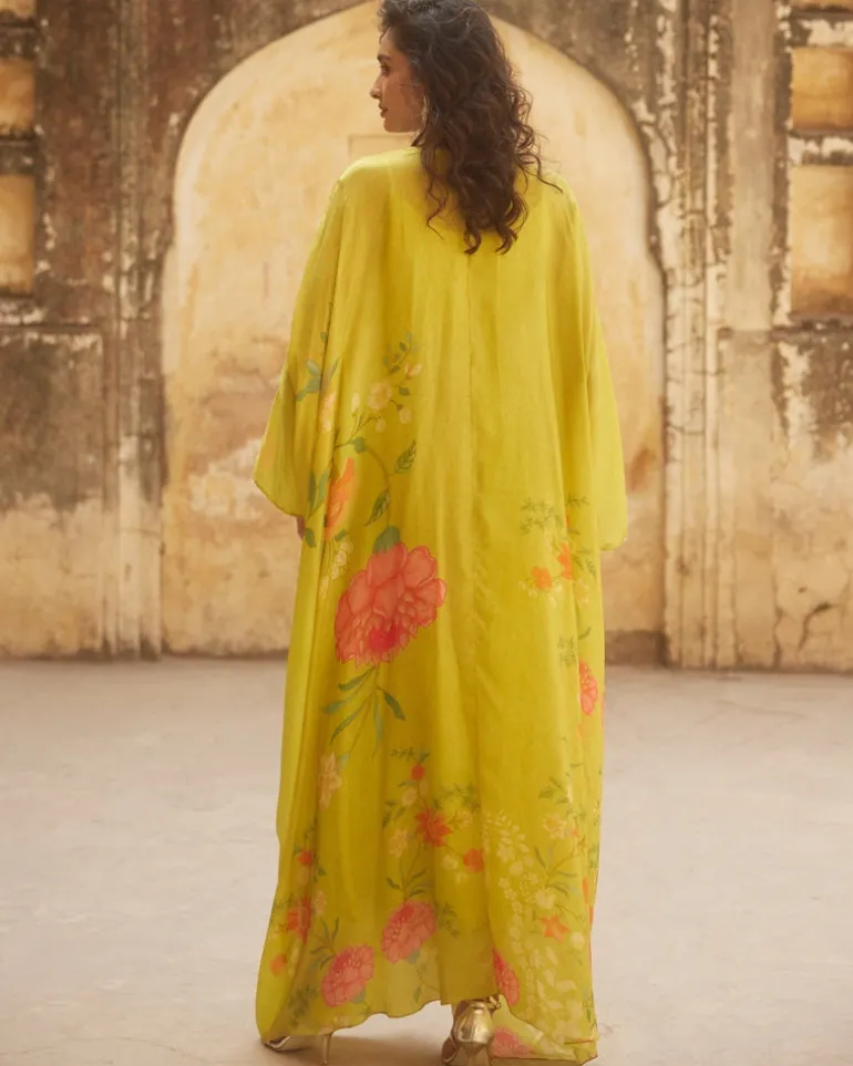 Lime Yellow Floral Habutai Kaftan