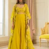 Lime Yellow Floral Printed Drama Jacket Set