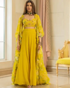 Lime Yellow Floral Printed Drama Jacket Set