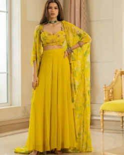 Lime Yellow Floral Printed Drama Jacket Set