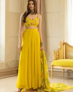 Lime Yellow Floral Printed Drama Jacket Set