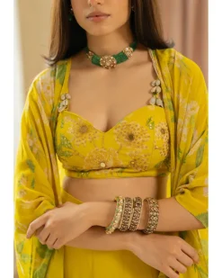 Lime Yellow Floral Printed Drama Jacket Set