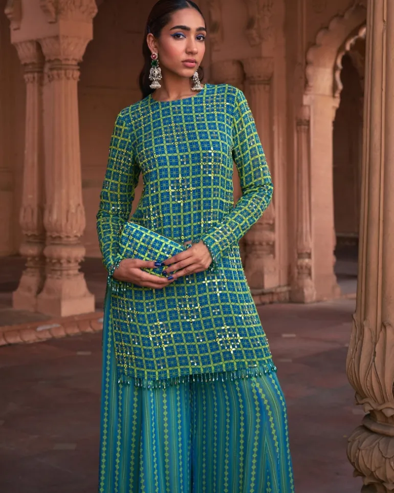 Lime Yellow Grid Print & Highlighted Kurti Set