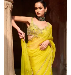 Lime Yellow Organza Sari Set