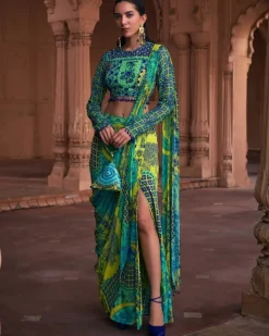 Lime Yellow Thikri Print and Highlighted Sari Set