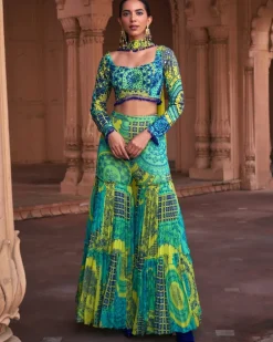 Lime Yellow Thikri Print & Highlighted Crop Top Set