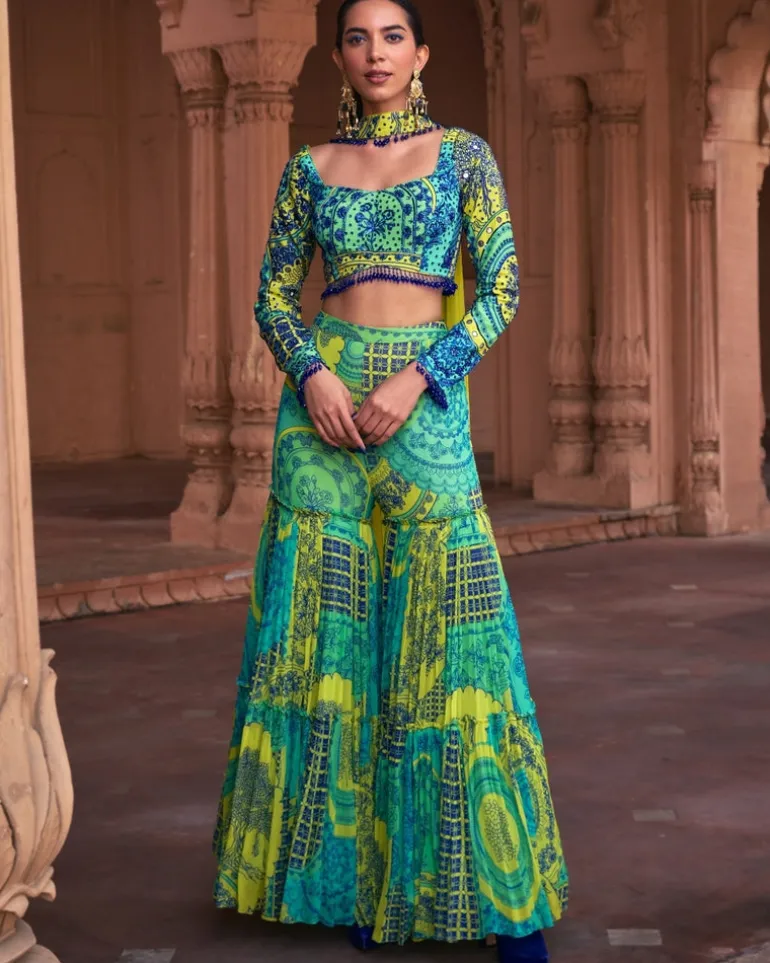 Lime Yellow Thikri Print & Highlighted Crop Top Set