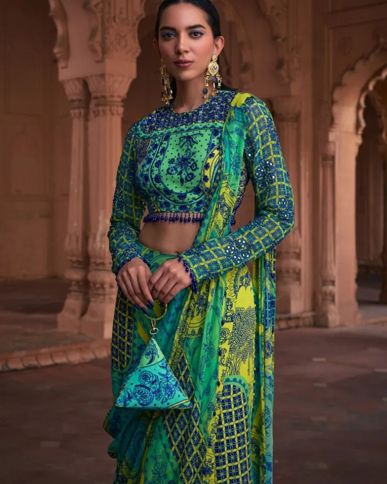 Lime Yellow Thikri Print and Highlighted Sari Set