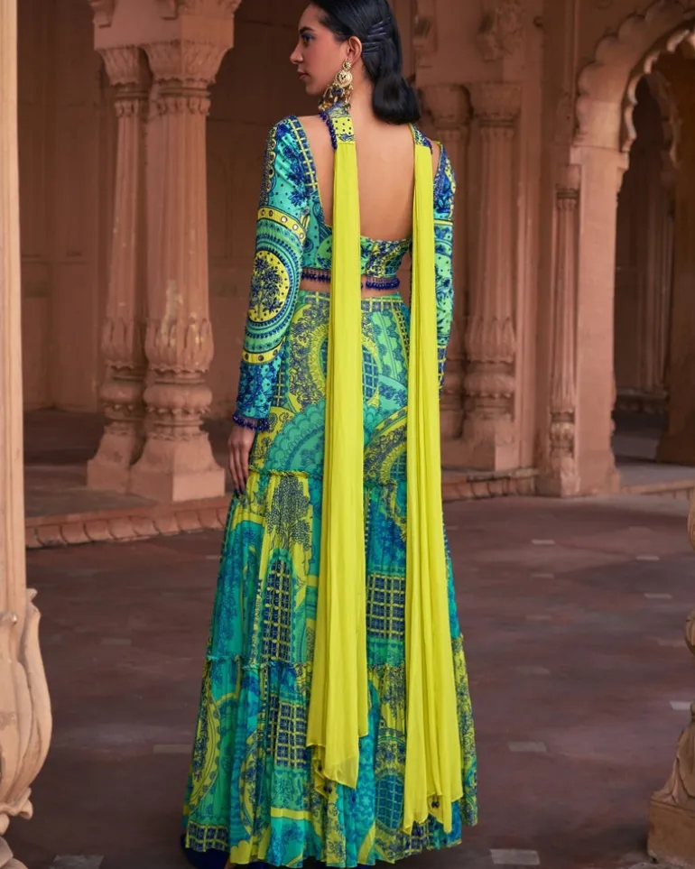 Lime Yellow Thikri Print & Highlighted Crop Top Set