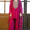 Magenta Pink Embroidered Kaftan And Frill Sharara With Dupatta Set