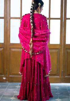 Magenta Pink Embroidered Kaftan And Frill Sharara With Dupatta Set