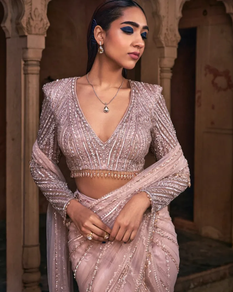 Magus Rose Gold Embroidered Sari Set