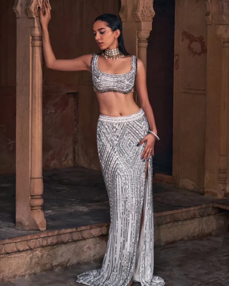 Maliisa Ivory Embroidered Crop Top Skirt Set