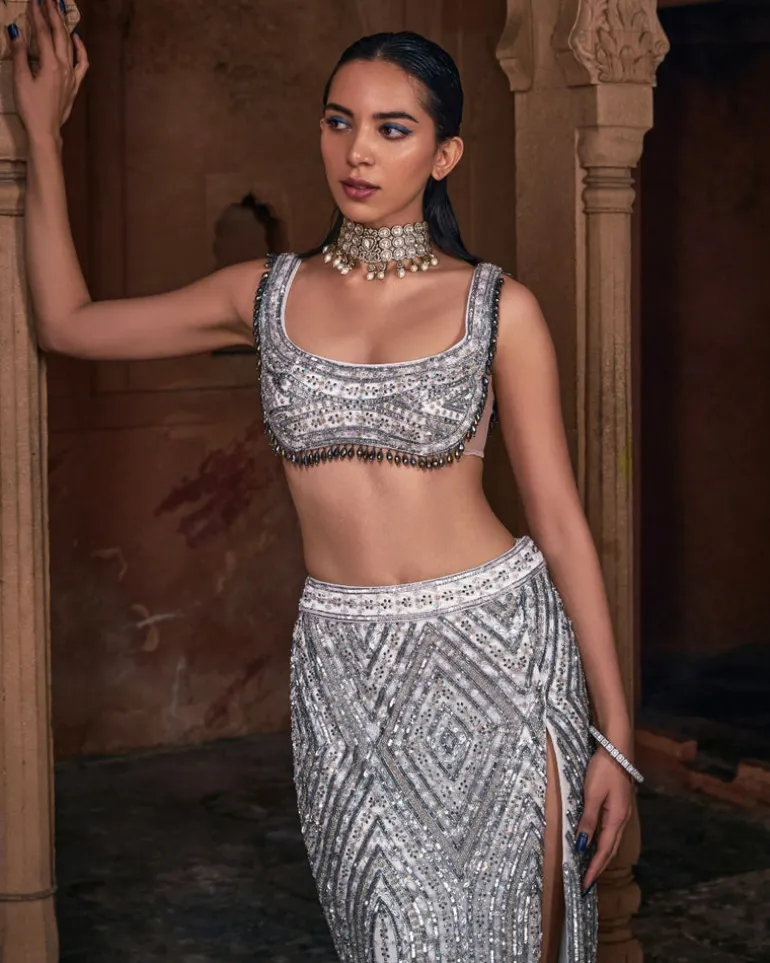 Maliisa Ivory Embroidered Crop Top Skirt Set