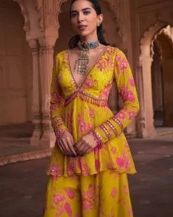 Mango Yellow Floral Print & Highlighted Peplum Set