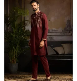 Maroon & Gold Cutana And Acrylic Embroidered Kurta Paired With Maroon Pants