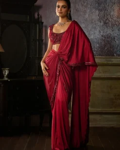 Maroon Embroidered Blouse With Pre Draped Solid Dhoti Skirt Sari