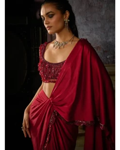 Maroon Embroidered Blouse With Pre Draped Solid Dhoti Skirt Sari