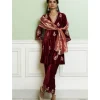 Maroon Embroidered Velvet Short Kalidar Kurta Set