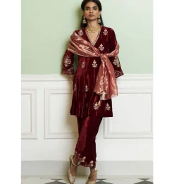 Maroon Embroidered Velvet Short Kalidar Kurta Set
